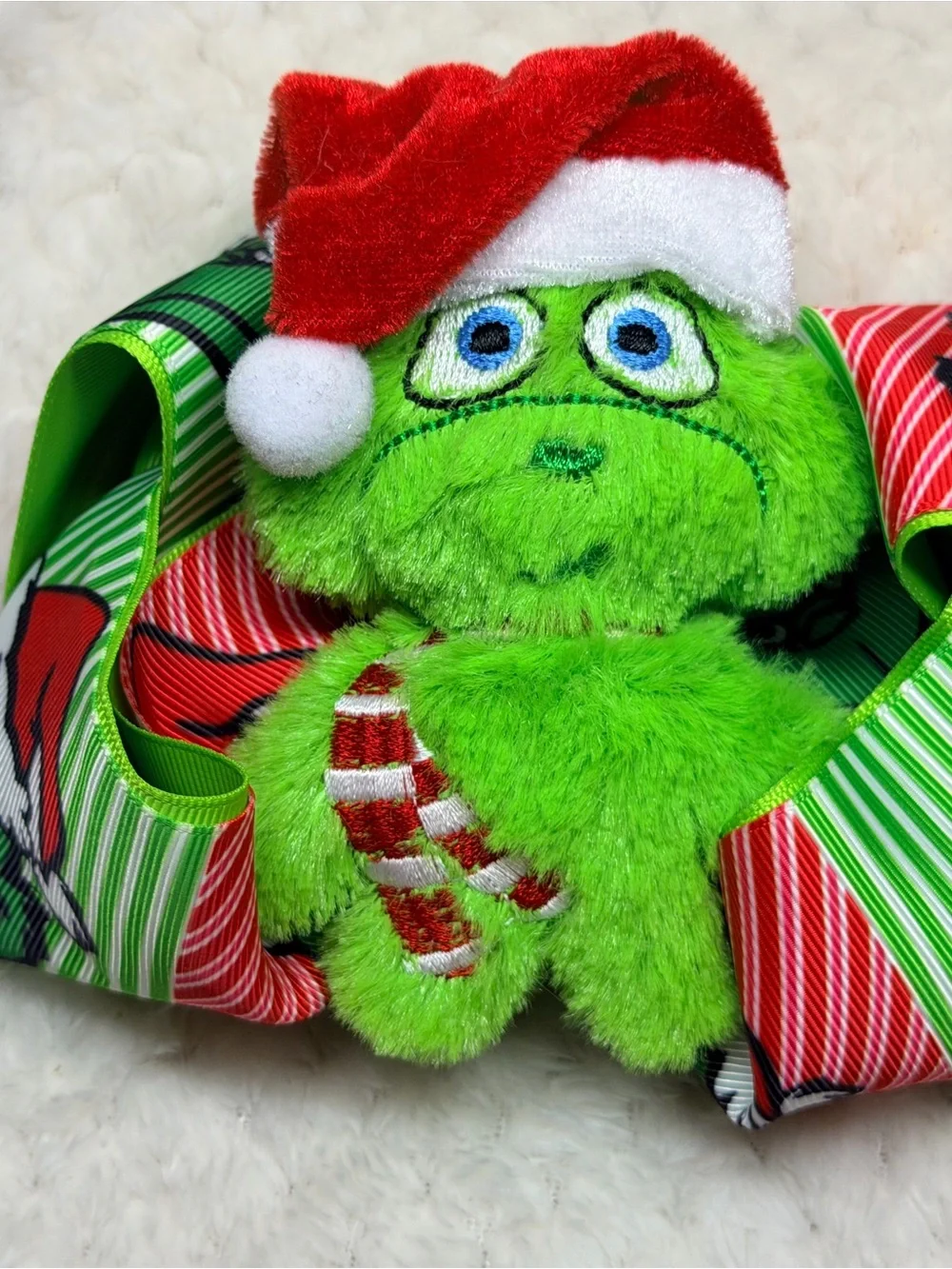 Large Grinch Plush Holiday Hair Bow Clip with Santa Hat